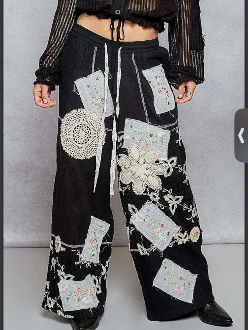 PS55-– POL FLORAL LACE CROCHET WAFFLE KNIT PANTS